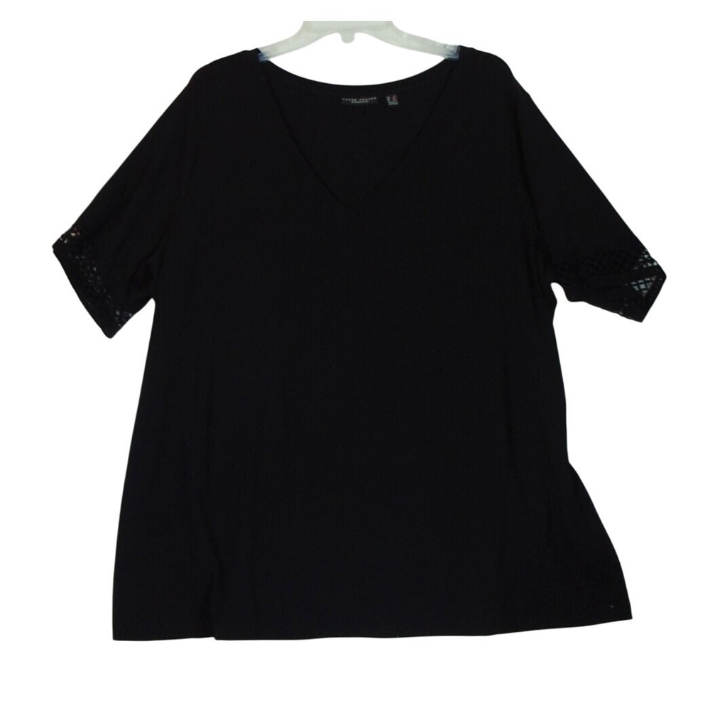 Susan Graver Weekend Women's Cotton Modal Elbow Sleeve Top Crochet Trim 2X Black
